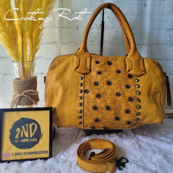 COSTANZA ROTA Yellow Floral Rivets Leather Top Handle Crossbody Bag - Picture 1 of 14